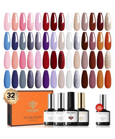 Modelones 32Pcs Gel Nail Polish Set 28 Colors Fall Winter Gel Polish with Glossy& Matte Gel Top Coat No Wipe Base Coat Nail Primer Kit Brown Orange Glitter Red Nude Pink Colors Nail Polish Gift DIY A-0 Running Tonight
