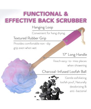 Loofah Back Scrubber - Bamboo Charcoal Fiber Bath Sponge Set for Men & Women - Includes Handle & Hook - Pink - Buy Online on SooperMarket.com