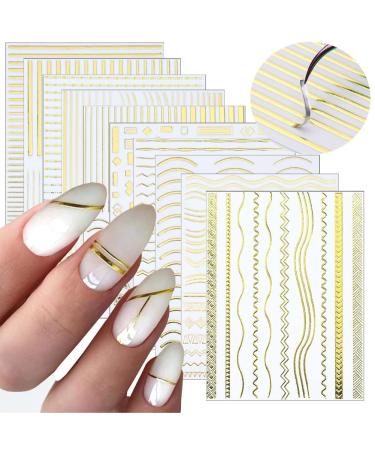 10 Sheets Gold Lines Nail Art Stickers Decal Metal Geometric Stripe Wavy Line Self Adhesive Nail Decals French Classic Simple 3D Designs Nail Foil Stickers Sliders Manicure Decorations for Women Girls