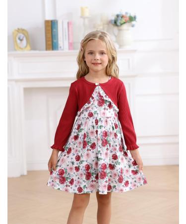 Puseky Toddler Girl Floral Print Sleeveless Dress and Ribbed Cardigan Coat Set - Wine Red (4-5 Years) - Buy Online on SooperMarket.com