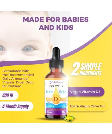 POLYVIT D Baby Vitamin D Drops Vegan D3 Supplement Growth & Development of Bones & Teeth Immune System Support Easy Calcium Absorption For Infants Toddlers Kids 400 IU per Drop 4 Month Supply - Buy Online on SooperMarket.com