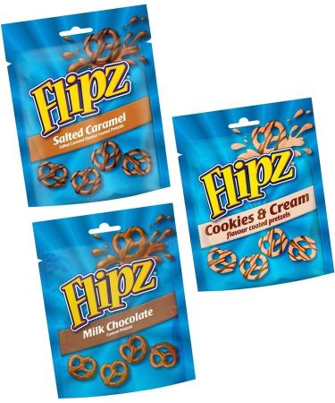 Flipz Coated Pretzels Milk Chocolate Cookies & Cream Salted Caramel Gift Selection 3 x 90g Bags. Picnic Party Thank You Present Thinking of you Treat Flippin' Awesome
