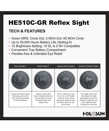 Holosun HE510C-GR Open Reflex Optical Sight | Super Green LED | 2 MOA Dot 65 MOA Circle - Buy Online on SooperMarket.com
