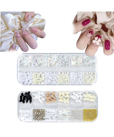 3D Nail Charms 2 Boxes Multi-Shape Aurora Bow Butterfly Flower Nail Art Charms Nail Pearls Rhinestone Caviar Beads Crystal Nail Gems for Nail Art Decoration DIY Crafts (A)