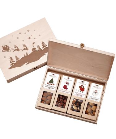 Wellnut "limited Christmas edition" - 4 snacks in the birch wood box |Gourmet snack mixtures for adults from nuts fruits & chocolate |The special gift for Christmas 4 snacks in Birkenholzbox - Limited Edition