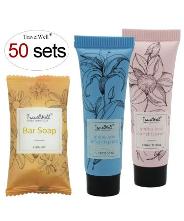 TravelWell Flower Series Hotel Amenities Toiletries Individually Wrapped 15ml/0.5 Fl Oz Shampoo 50 Tubes +15ml/0.5 Fl Oz Conditioner 50 Tubes + 21g/0.75 Oz Cleaning Soap 50 Bars Kit 1 - Buy Online on SooperMarket.com