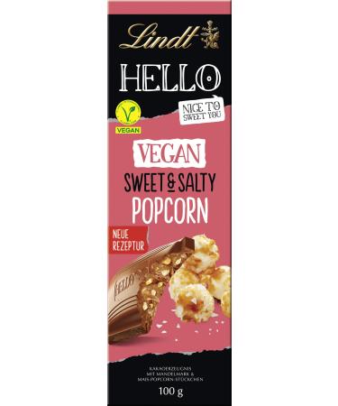 Lindt chocolate Hello vegan sweet n Salty Popcorn |100 g Tafel |Vegan with cocoa mild almond mark and salted and sweet corn and popcorn pieces |Chocolate gift