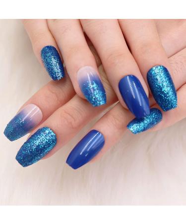 Luvadeyo 24 PCs Blue Gradient Coffin Press on Nails | Glitter Artificial False Nails for Women & Girls | Double-Sided Adhesive Tabs Included - Buy Online on SooperMarket.com