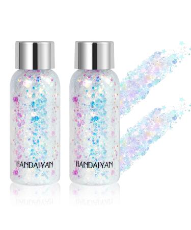 KIMIEYE Mermaid Sequins Body Glitter Gel Set of 2 Bottle, Long Lasting Holographic Glitter Liquid Body Makeup for Women, Waterproof Face Glitter Gel Total 9 Colors Available (#9 White - (2 Bottle))