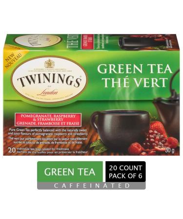 Twinings Pomegranate Raspberry & Strawberry Green Individually Wrapped Tea Bags | Caffeinated Green Tea Enhanced with Juicy Flavours | 20 Count (Pack of 6) | Enjoy Hot or Iced Pomegranate Raspberry & Strawberry Green Tea 20 Count (Pack of 6)