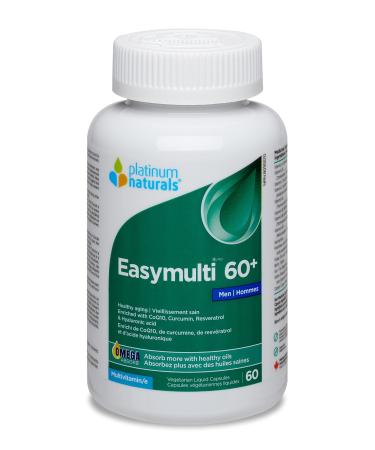 Platinum Naturals Easymulti 60+ for Men 60 Caps - Advanced Multivitamin with CoQ10 Curcumin & Resveratrol - Hyaluronic Acid for Skin Health - Essential B12 Folate & Multi Vitamins for Senior Men 60 count (Pack of 1)