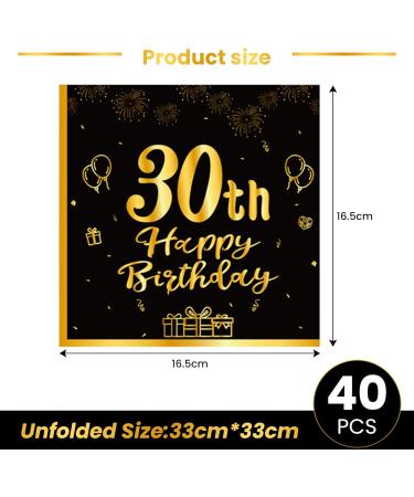40 Black Napkins for 30th Birthday | Gold Paper Party Napkins 33x33cm | Elegant Decoration for Men Women & Girls - Buy Online on SooperMarket.com