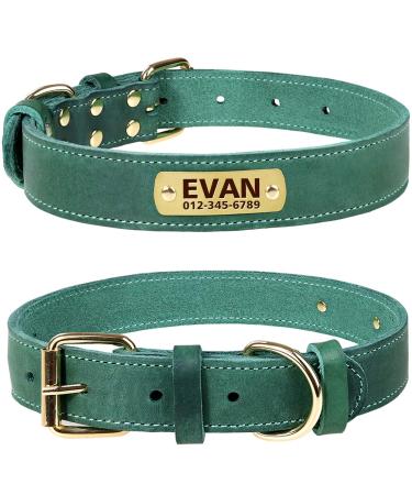Tagme personalized dog collar made of leather with engraved name and telephone number/dog collar made of real leather for small medium and large dogs (41-55cm green) L (1 Pack) green