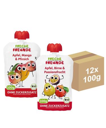 Cheeky friends Bio Quetschie 6x apple pear & passion fruit 6x apple mango & peach fruit puree in a squeeze bag for children & babies from 6 months vegan 2x 6 -pack (12 x 100g) fruit bundle 12 pieces.