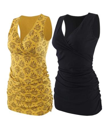 ZUMIY Maternity Nursing Top Pregnant Breastfeeding Shirt Women's Cotton V Neck Ruched Waist Double Layered Tank L Black+yellow Printing/2-pk