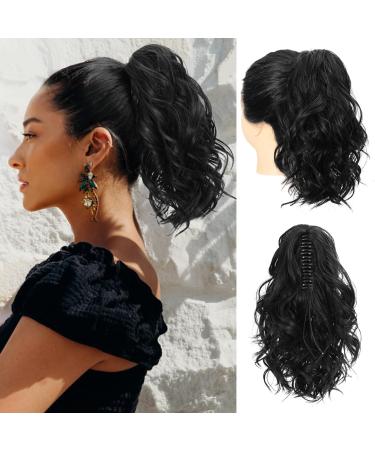 REECHO Ponytail Extension Claw Clip in Ponytail Hair Extensions 12 Inch Short Curly Ponytail Natural Wavy Synthetic Hairpiece for Women Black 12 Inch Black