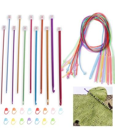 Tunisian Crochet Hooks Set 2-8 mm Aluminum Afghan Crochet Hooks, with Blunt Needles, Measure Tape for Beginner,3.5-12 mm Plastic Cable Weave Knitting Needle 11 Aluminum Afghan Crochet Hooks+12 Knitting Needles+15 Stitch Markers