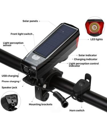 BURNINGSUN Bike Light Set & Horn - Solar Powered USB Rechargeable 4 Mode Headlight Taillight Combo for Cycling Safety + LED Speaker Bell - Buy Online on SooperMarket.com