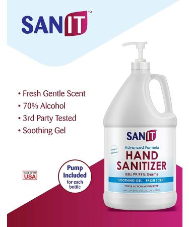 Sanit Moisturizing Hand Sanitizer Gel 70% Ethyl Alcohol - 1 Gallon with Pump | Made in USA | Kills 99.99% Germs - Advanced Formula with Vitamin E and Aloe Vera | Fresh Scent - Soothing Gel - Buy Online on SooperMarket.com