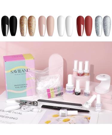 SAVILAND Gel X Nail Polish Kit - White Black Glitter Set with Coffin Tips | Base & Top Coat, Nail Glue, Lamp | DIY Nail Art Extension Tool Kit - Buy Online on SooperMarket.com