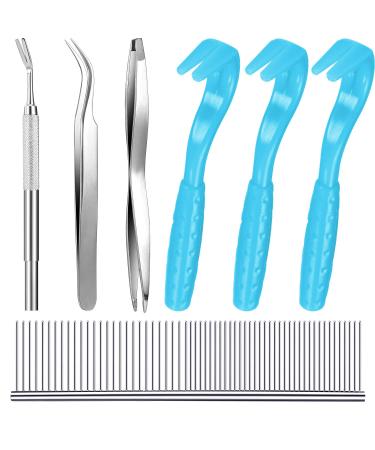 Boao Tick Removal Tool Kit, Include 3 Pieces Plastic Removers, 3 Pieces Stainless Steel Tweezers with Comb for Dog and Cats Light Blue