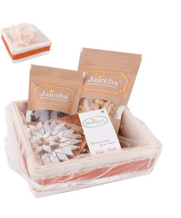 Jaiccha Ghasitaram Basket Hamper-Shaded Jute Potli with Butter Chakli Rice Crispies and Kaju Katli |Gift for Diwali Holi Rakhi Valentine Christmas Birthday Anniversary Her Him| Potli with Chakli Rice Crispies and Kaju Katli