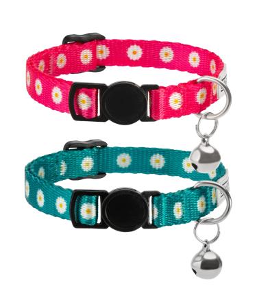 Collardirect cat necklace with bell flower pattern 2-pack flower set adjustable safety neck straps for cats kitten (pink + aquamarin)