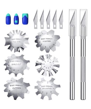 6 Pieces French Nail Trimmer Stainless Steel French Tip Cutters Smile Line Cutter Edge Manicure DIY Plate Module with 2 Handles French Tip Cutting Knife and 5 Spare Blades for Acrylic Nails (Silver)