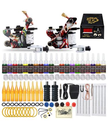 Complete Tattoo Kit 2 Machine Tattoo Gun Power Supply Needles 20 Inks L3
