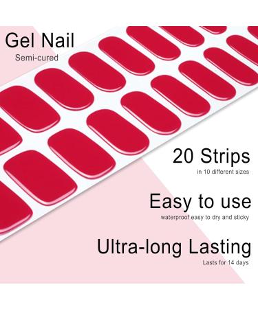 Foyute Semi Cured Gel Nail Strips 20 Pcs Soft Self-Adhesive Gel Nail Polish Wraps Sticker for Salon-Quality Manicure Set Long Lasting Easy to Apply & Remove Nail File & Wooden Stick (Red) - Buy Online on SooperMarket.com
