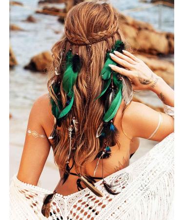 Zoestar Boho Feather Headband Indian Tribal Headpiece Feathers Tassel Hippie Headdress Festival Costume Hair Accessories for Women and Girls (A)