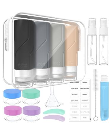 100ml x 4 silicone travel bottles set - travel bottles for filling toilet items 17 pieces Portable travel container for shampoo lotion letters.