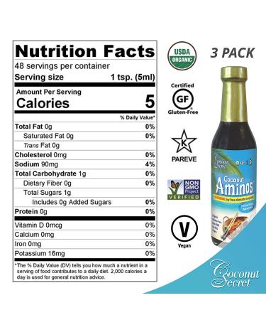 Coconut Secret Coconut Aminos (3 Pack) - 8 fl oz - Low Sodium Soy Sauce Alternative - Organic, Vegan, Non-GMO - Gluten-Free, Keto, Paleo - 144 Servings - Buy Online on SooperMarket.com