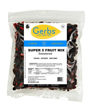 GERBS Super 5 Dried Fruit Snack Mix 2 LBS. Premium | Top 14 Food Allergy Free | Resealable Bulk Bag | Made in USA | Dried Blueberry Cranberry Cherry Raisin Goji Berries Trail Mix | Gluten Peanut Free