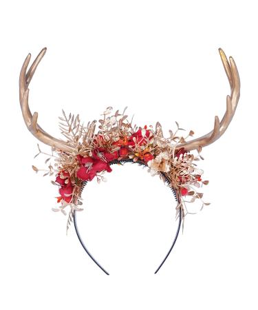 MOSTORY Handmade Branches Crown Woodland Antler Headband Fairy Floral Headpiece Deer Horns Hair Garland for Adults Witch Cosplay Costume Accessory Party Wedding Maternity Photography Golden Red