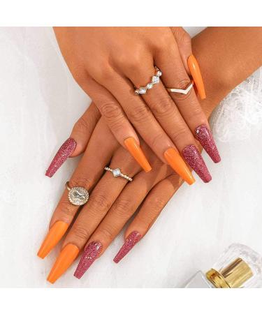 Sethexy Long Shiny Orange Ballerina Press-On Nails | 20pc Acrylic Coffin Nail Tips for Women & Girls | Bling Glitter False Fingernails - Buy Online on SooperMarket.com