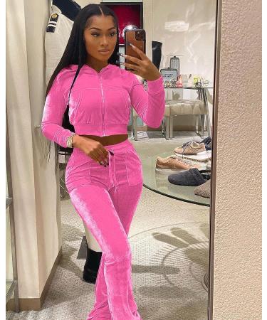 Yidengymx Women's Velour Tracksuit Set | Pink Hoodie & Wide Leg Pants | Long Sleeve Crop Top | Medium - Buy Online on SooperMarket.com