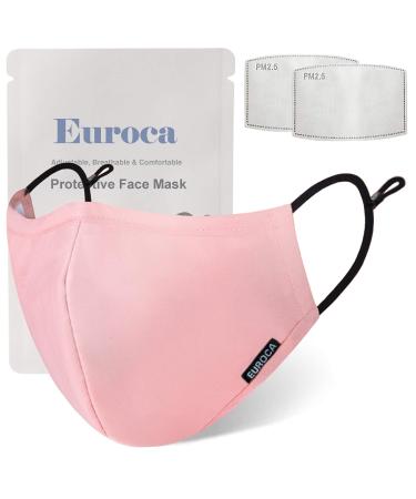 Euroca Face Masks Reusable with Filters Made from Cotton Fabric Washable With Nose Clips Adjustable Ear Loop For Men Women Teens -2 Filters Included (Baby Pink)