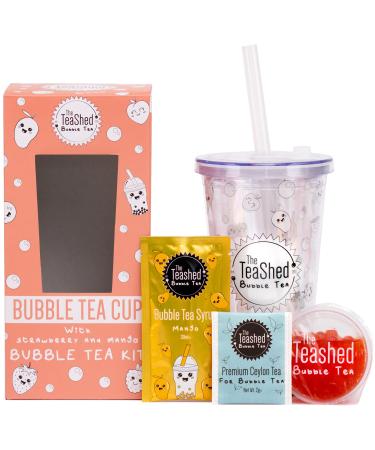 Bubble Tea Cup & Straw with Bubble Tea Kit Gift Set | 1 Serving | Set includes Mango Syrup Strawberry Popping Boba and Tea Bag | By The TeaShed