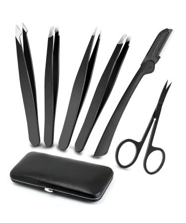 6 Piece Tweezers Set Eyebrow Tweezers Scissors Set with Stainless Steel Point Slant Flat Tip Tweezers and Eyebrow Razor and Scissors for Eyebrows Plucking Facial Body / Ingrown Hair Removal-Packed in Leather Case