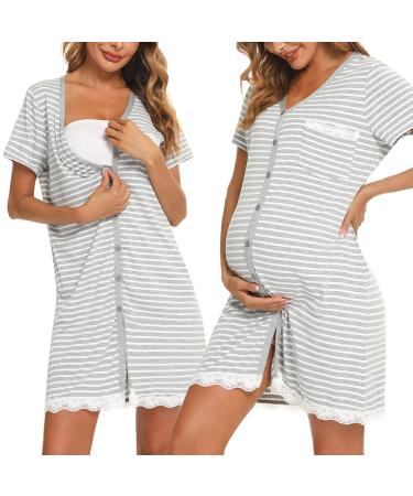 Uniexcosm Maternity Nursing Nightdress Women's Short Sleeve Nightwear Soft Button Down Nightgown Stripe Sleepwear Maternity Pyjamas Nightshirt Light Grey S
