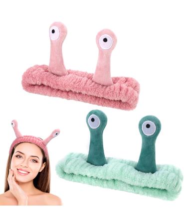 2 PCS Snail Face Wash Headband for Women Girls Spa Hair Band Makeup Head Band soft Coral Fleece Skincare Headband Cute Elastic Headband Creative Hair Accessories for Washing Face Shower Sports Beauty Pink+Green