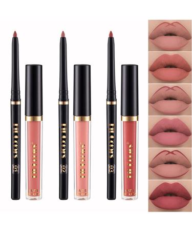 KIMIEYE 6Pcs Lip Liner + Matte Liquid Lipstick Set  Super Long Lasting Waterproof Non-Stick Cup Velvety Nude lipstick Kit  High Pigmented Lip Makeup Gift Set for Women (Set A)