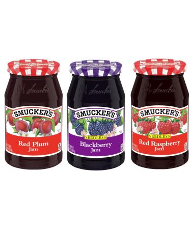 Smucker's Jam Variety Pack Sampler, Bundle of 3 Different Flavors. Flavors Include: Red Raspberry Jam (seedless) Blackberry Jam (seedless) and Red Plum Jam. Food Gift Box
