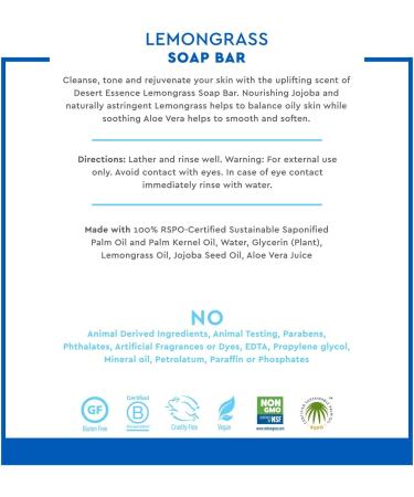 Desert Essence Lemongrass Soap Bar - 5 oz | Tea Tree Oil, Aloe Vera & Jojoba - Acne Relief & Invigorating Moisturizer - Buy Online on SooperMarket.com