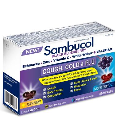 Sambucol Black Elderberry Cough Cold and Flu Day/Night| Helps Relieve Congestion Fever Sore Throat & Head Pain | Black Elderberry White Willow| 24 Hard Capsules (18 Day/6 Night) - Buy Online on SooperMarket.com
