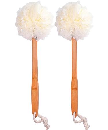 Shower Loofah Body & Back Scrubber - Exfoliating Loofah luffa Bath Brush On a Stick - with Long Wooden Handle Back Brush for Men & Women - Easy Reach Body Wash & Lotion Applicator( 2 Pack- White)