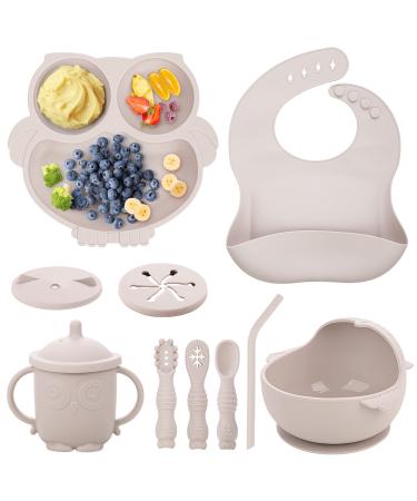 Baby Weaning Set Silicone Baby Feeding Set(10 Pcs) Toddler Weaning Set with Adjustable Bib Suction Bowl Plate Fork Spoon Water & Snack Cup Kit for Babies Toddler and Kids Beige