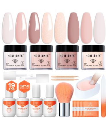 Modelones Dip Powder Nail Kit Starter 4 Colors All Season Nude Skin Glitter Dipping Powder Repair Liquid Set with Recycling Tray for French Nail Art Salon DIY at Home Manicure Brown Pink