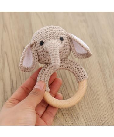 Yieur crocheted babyassel gray elephant baby crochet wood gripping baby things bite ring gift for birth wooden ring wooden toys handmade boy and girl (elephant) gray elephant